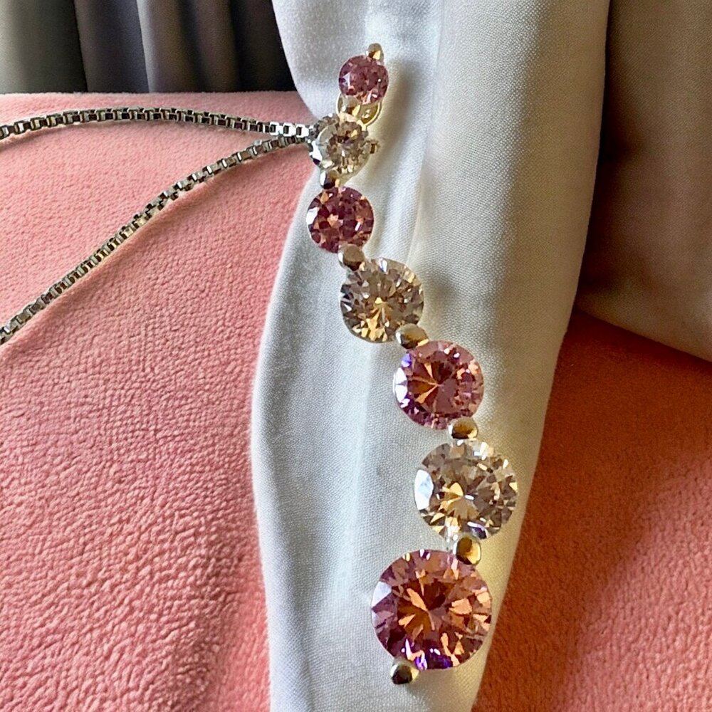 Sterling 925 Necklace + Cubic Zircon CZ Journey Pendant Pink & Clear Signed JC